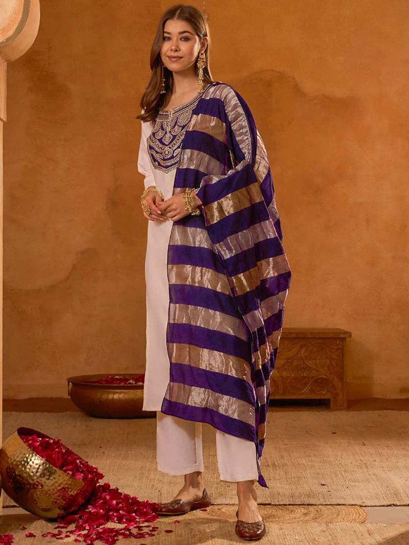 Women's Beautiful Embroidery Work Simar Fabric Straight Kurta Pant and Dupatta Set