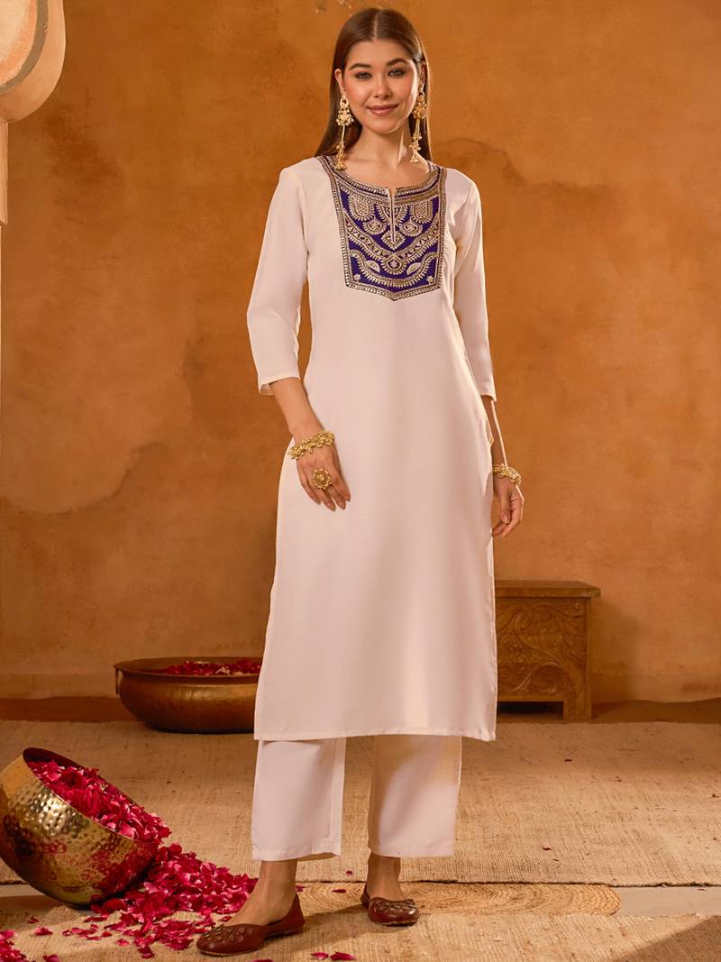 Women's Beautiful Embroidery Work Simar Fabric Straight Kurta Pant and Dupatta Set