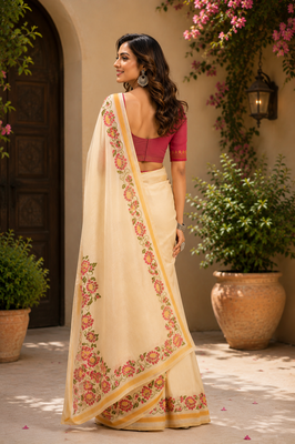 beige pink printed chanderi cotton ready to wear saree with unstitched blouse 4