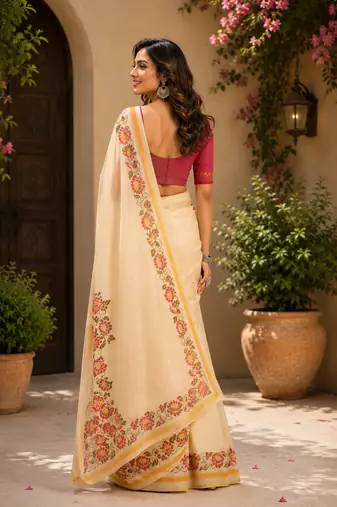 beige pink printed chanderi cotton ready to wear saree with unstitched blouse