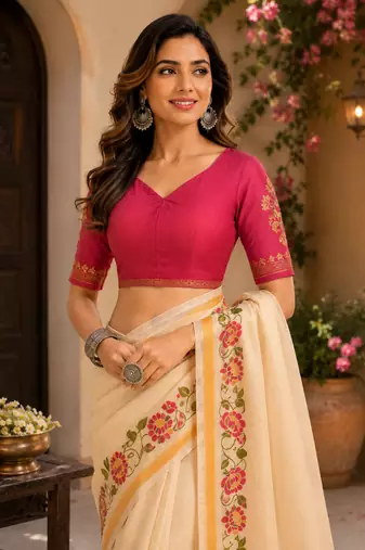 beige pink printed chanderi cotton ready to wear saree with unstitched blouse