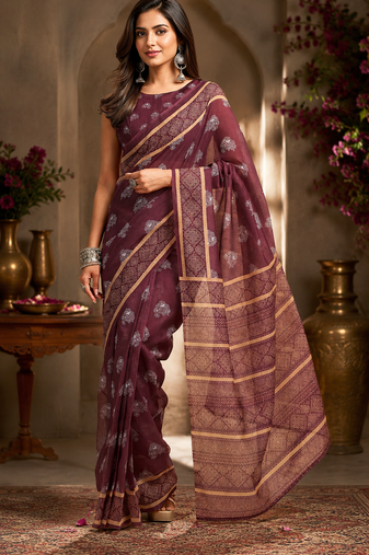 brown printed chanderi cotton ready to wear saree with unstitched blouse