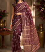 brown printed chanderi cotton ready to wear saree with unstitched blouse