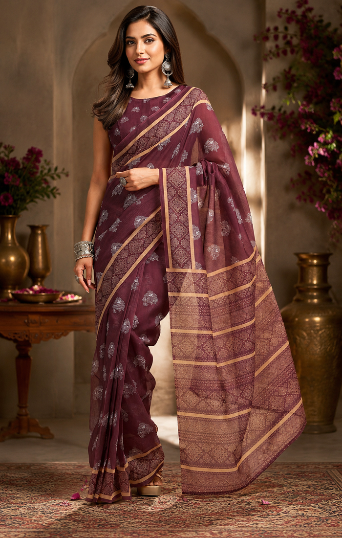 brown printed chanderi cotton ready to wear saree with unstitched blouse