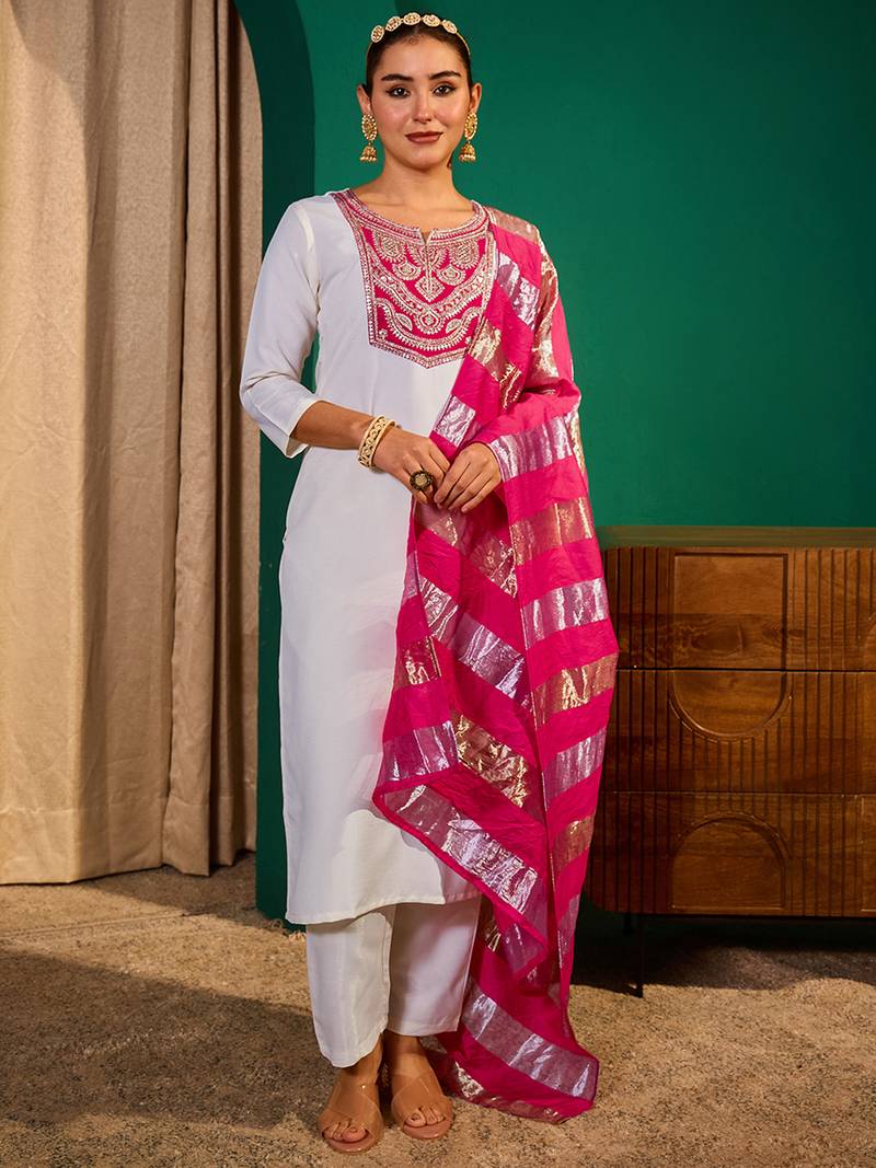 Women's Beautiful Embroidery Work Simar Fabric Straight Kurta Pant and Dupatta Set