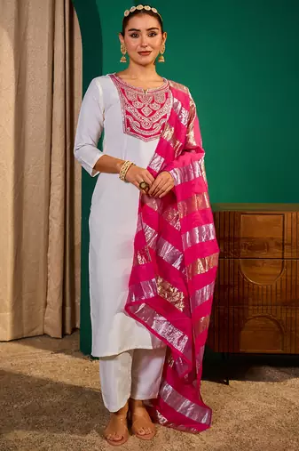 Women's Beautiful Embroidery Work Simar Fabric Straight Kurta Pant and Dupatta Set