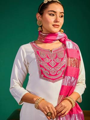 Women's Beautiful Embroidery Work Simar Fabric Straight Kurta Pant and Dupatta Set 2
