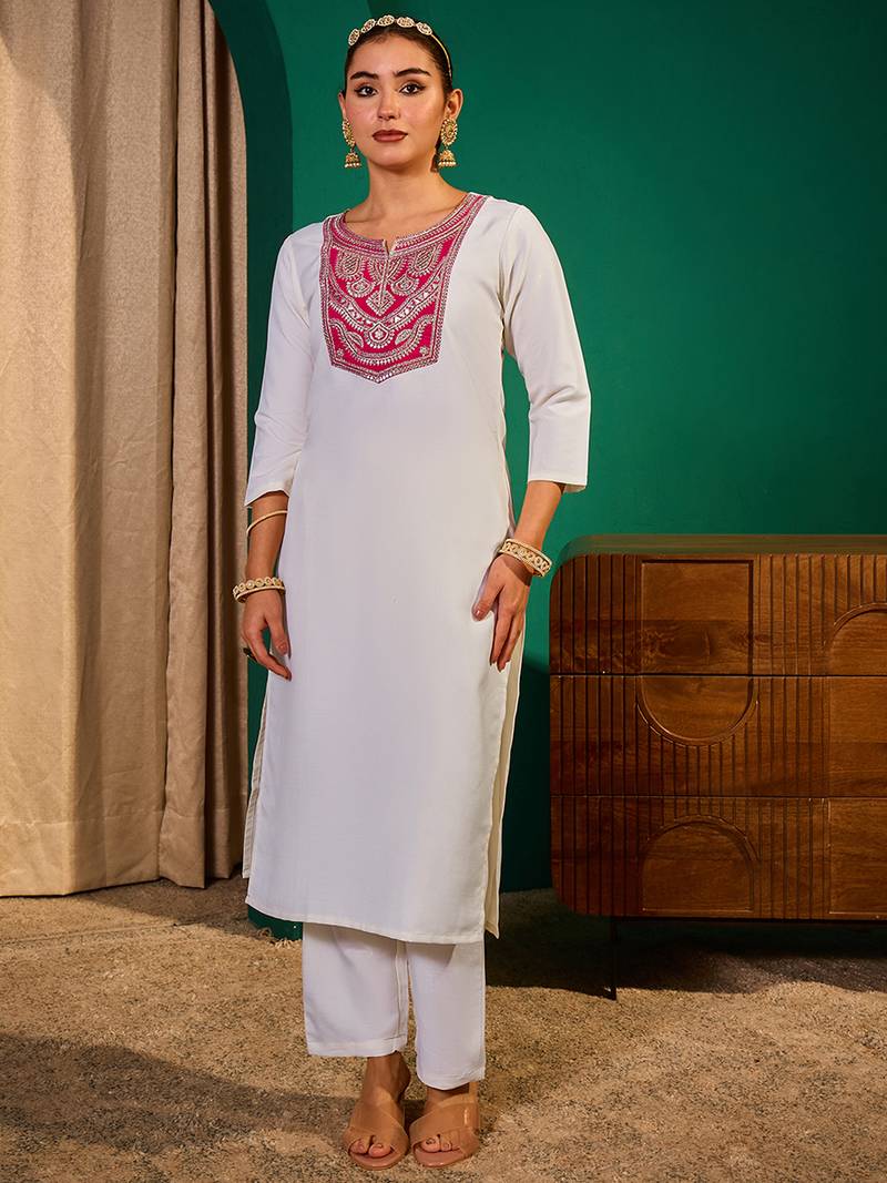 Women's Beautiful Embroidery Work Simar Fabric Straight Kurta Pant and Dupatta Set