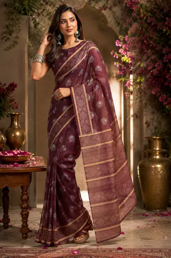 brown printed chanderi cotton ready to wear saree with unstitched blouse