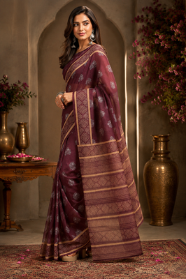 brown printed chanderi cotton ready to wear saree with unstitched blouse 3