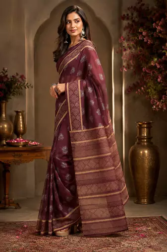 brown printed chanderi cotton ready to wear saree with unstitched blouse