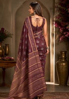 brown printed chanderi cotton ready to wear saree with unstitched blouse 4
