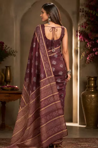 brown printed chanderi cotton ready to wear saree with unstitched blouse