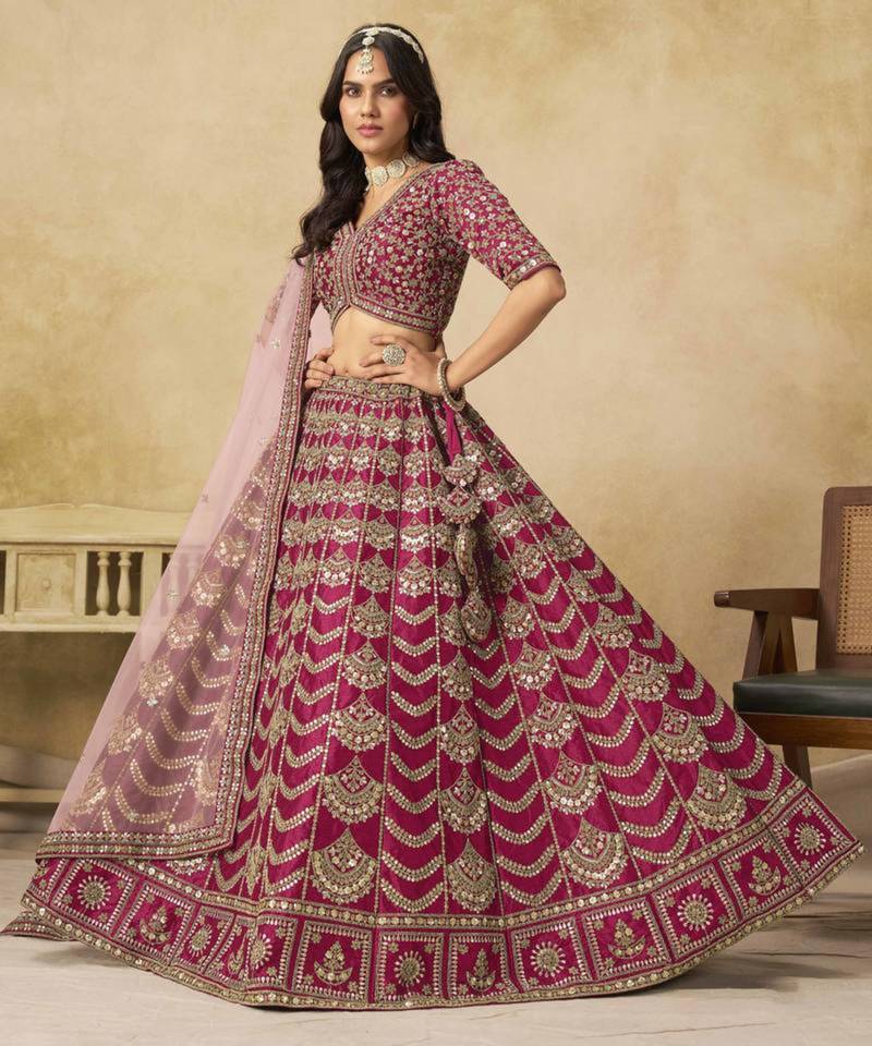 Rani Pink Art Silk Heavy Thread Embroidery With Sequins Work Lehenga Choli