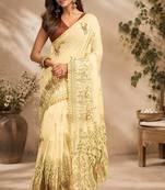 cream brown printed chanderi cotton ready to wear saree with unstitched blouse