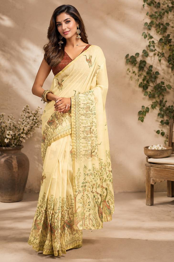 cream brown printed chanderi cotton ready to wear saree with unstitched blouse