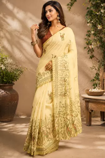 cream brown printed chanderi cotton ready to wear saree with unstitched blouse