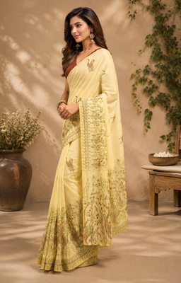 cream brown printed chanderi cotton ready to wear saree with unstitched blouse 3