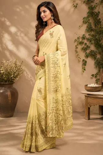 cream brown printed chanderi cotton ready to wear saree with unstitched blouse