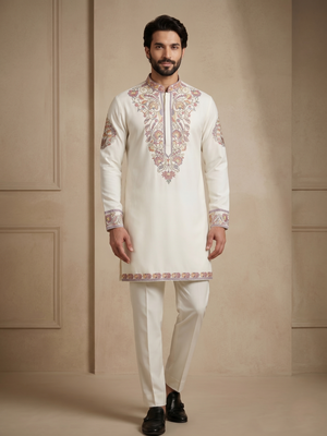 Mens designer white kurta pyjama set 1