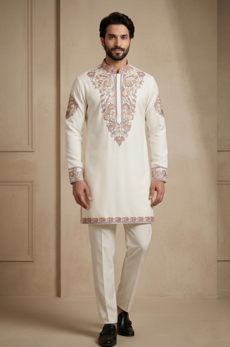 Mens designer white kurta pyjama set