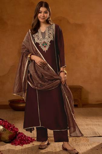 Women's Beautiful Embroidery Work Viscose Silk Fabric A-line Kurta Pant and Dupatta Set