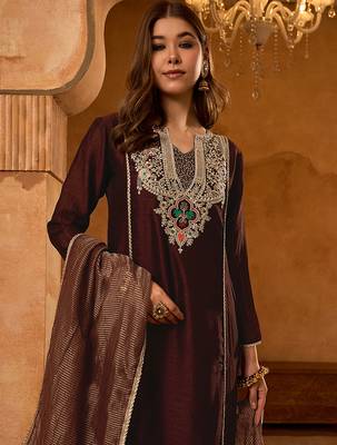 Women's Beautiful Embroidery Work Viscose Silk Fabric A-line Kurta Pant and Dupatta Set 3