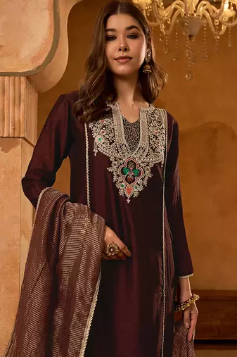 Women's Beautiful Embroidery Work Viscose Silk Fabric A-line Kurta Pant and Dupatta Set
