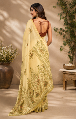 cream brown printed chanderi cotton ready to wear saree with unstitched blouse 4