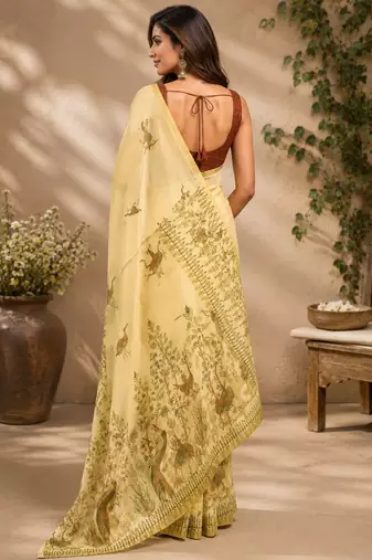 cream brown printed chanderi cotton ready to wear saree with unstitched blouse