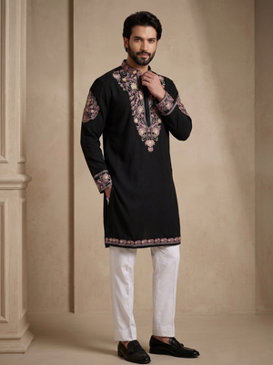 Mens designer black kurta pyjama set 1