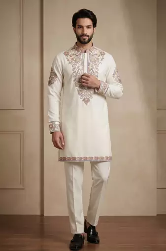Mens designer white kurta pyjama set