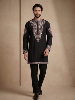 Mens designer black kurta pyjama set 1