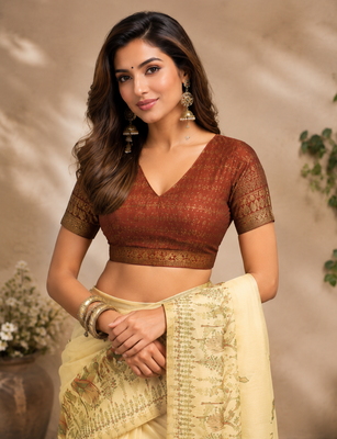 cream brown printed chanderi cotton ready to wear saree with unstitched blouse 5