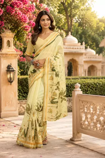 cream green printed chanderi cotton ready to wear saree with unstitched blouse