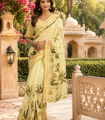 cream green printed chanderi cotton ready to wear saree with unstitched blouse