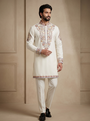 Mens designer white kurta pyjama set 3