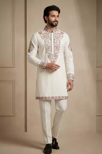 Mens designer white kurta pyjama set