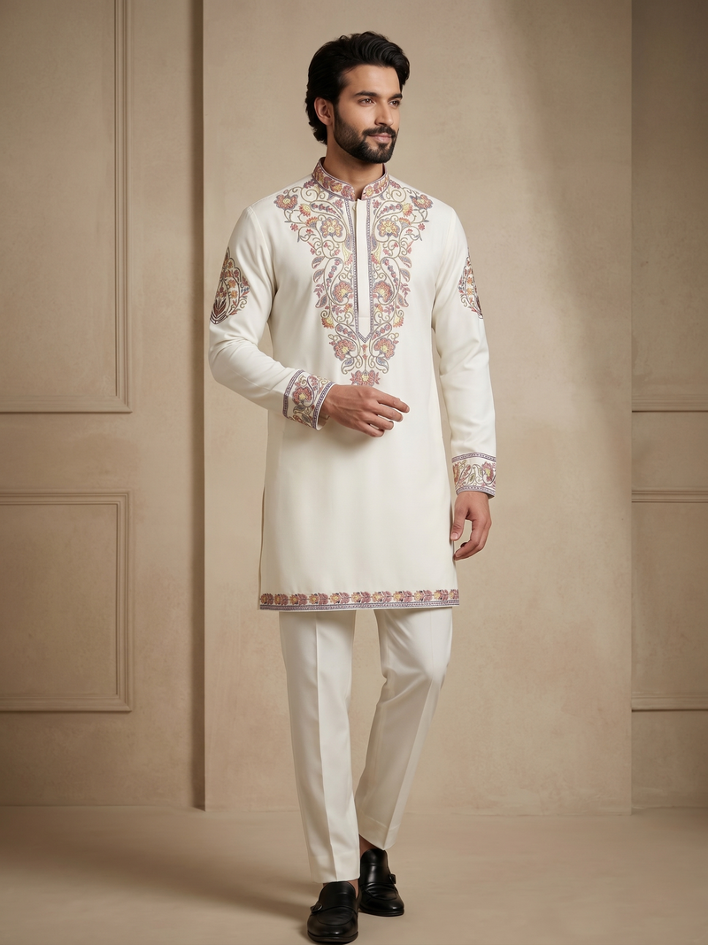 Mens designer white kurta pyjama set