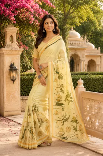 cream green printed chanderi cotton ready to wear saree with unstitched blouse