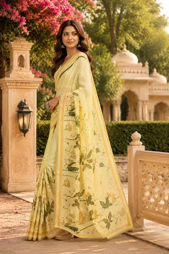 cream green printed chanderi cotton ready to wear saree with unstitched blouse