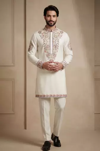 Mens designer white kurta pyjama set