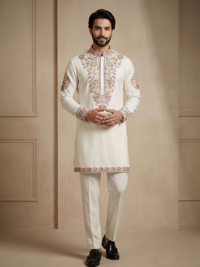 Mens designer white kurta pyjama set