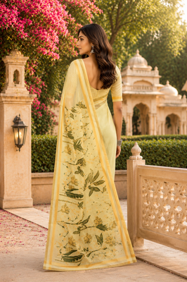 cream green printed chanderi cotton ready to wear saree with unstitched blouse 4