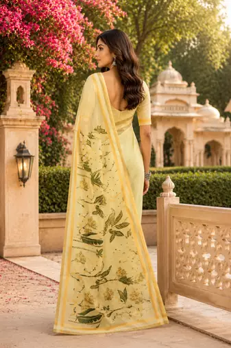 cream green printed chanderi cotton ready to wear saree with unstitched blouse