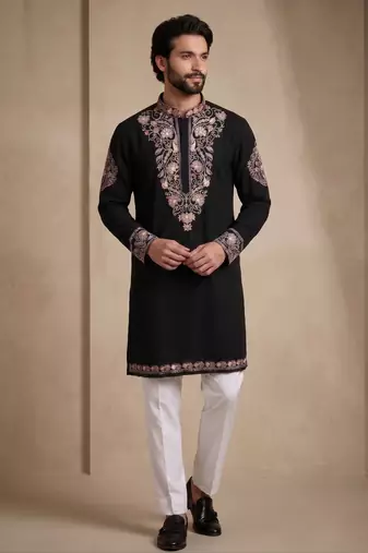 Mens designer black kurta pyjama set