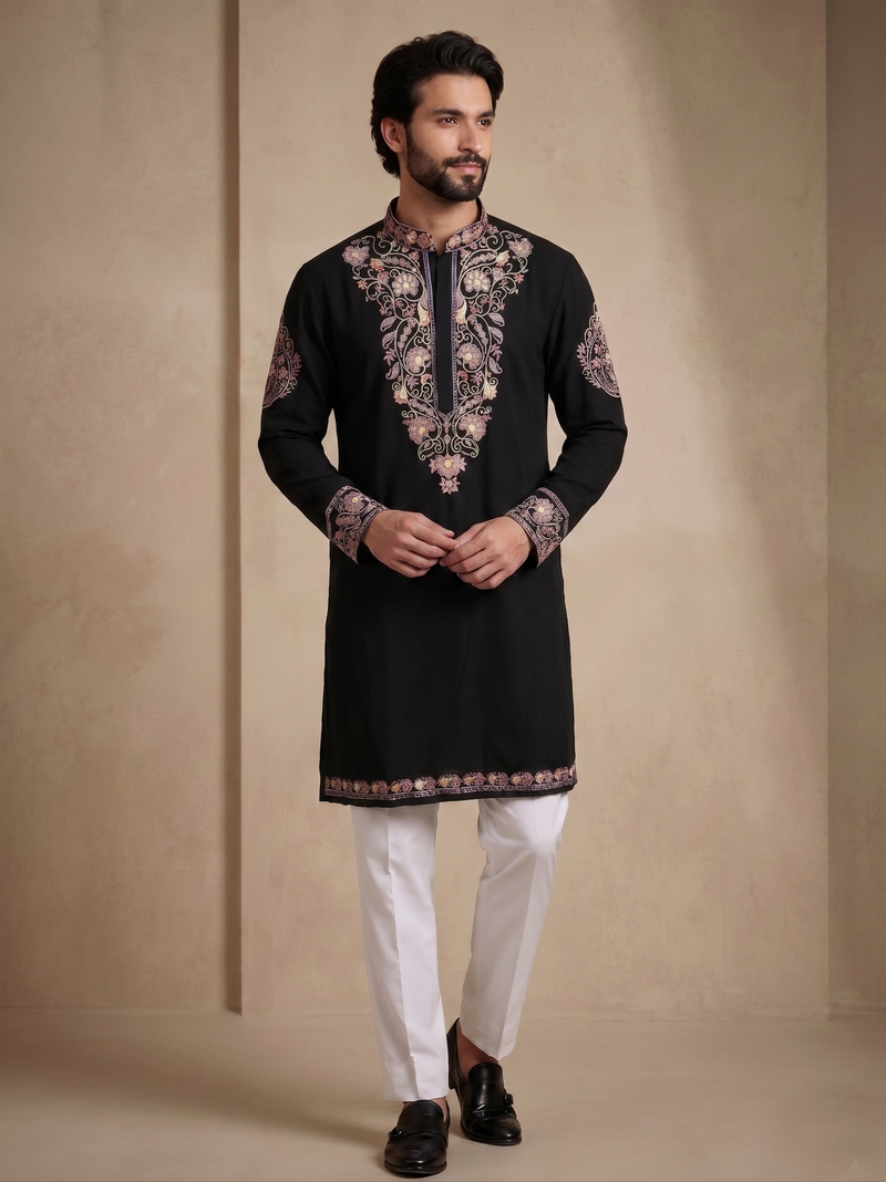 Mens designer black kurta pyjama set