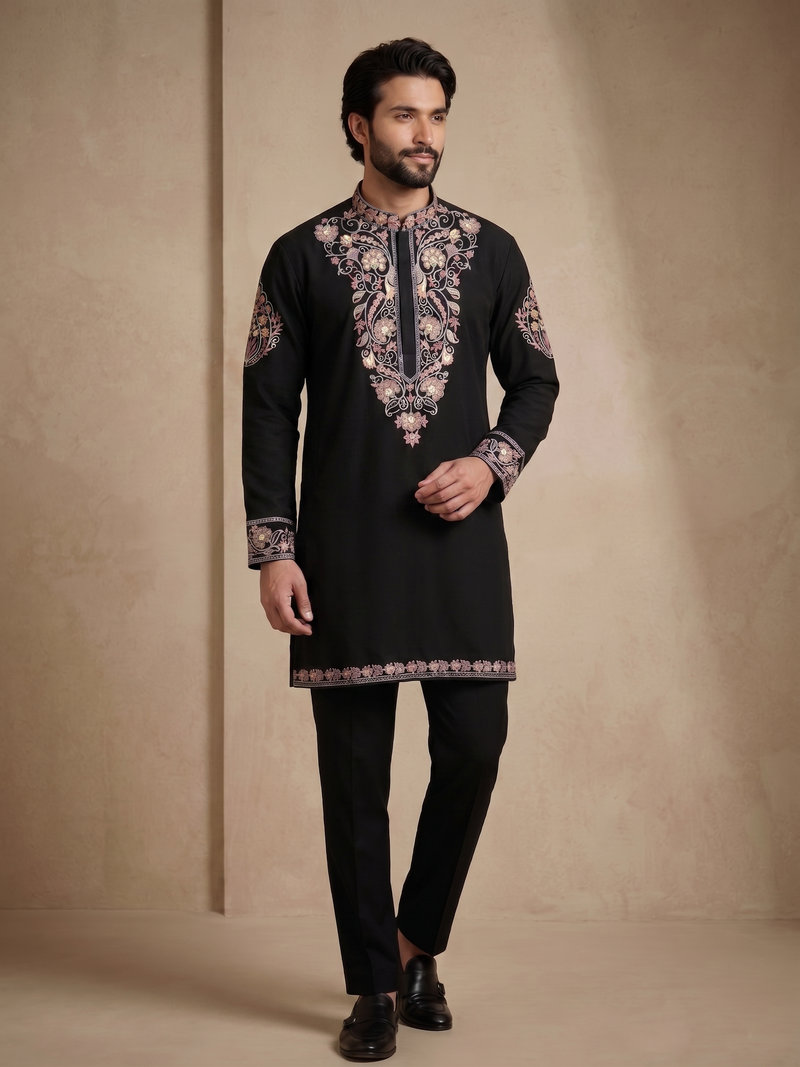 Mens designer black kurta pyjama set