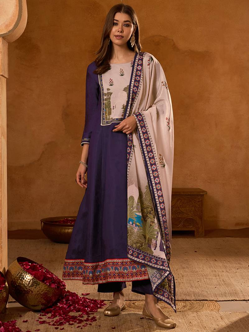 Women's Beautiful Printed Work Viscose Silk Fabric Flared Anarkali Pant and Dupatta Set