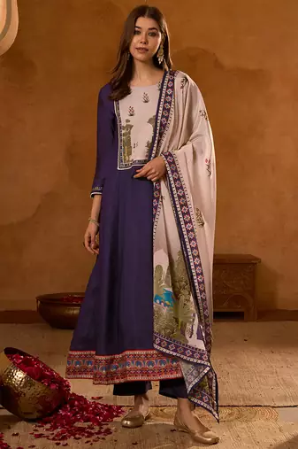 Women's Beautiful Printed Work Viscose Silk Fabric Flared Anarkali Pant and Dupatta Set